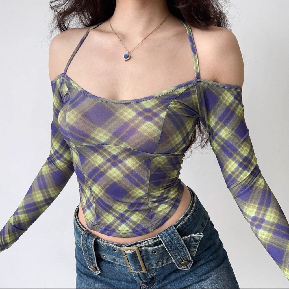 Plaid Off-Shoulder Women Top Christmas